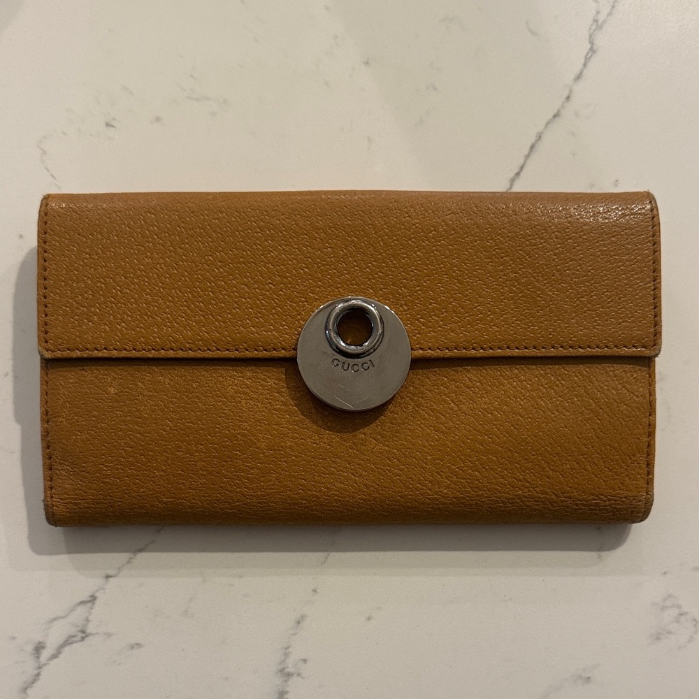 Gucci Large Leather Checkbook Wallet Camel 231835